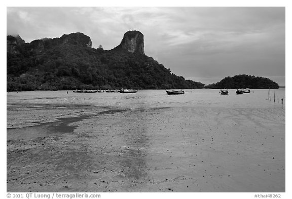 Mud flats and bay at low tide, Rai Leh East. Krabi Province, Thailand (black and white)
