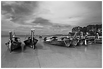 Long tail boats on beach, Hat Rai Leh West. Krabi Province, Thailand (black and white)