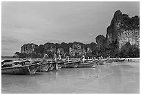 Boats and cliffs,  Hat Rai Leh West. Krabi Province, Thailand (black and white)