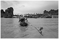 Tail of boat, and Railay East. Krabi Province, Thailand (black and white)