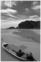 Boat and cliffs, Ao Nammao. Krabi Province, Thailand (black and white)