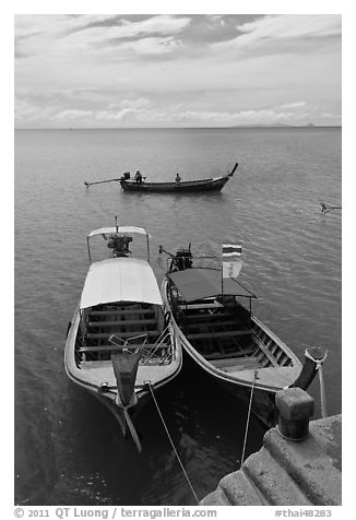 Boats and Adaman Sea, Ao Nammao. Krabi Province, Thailand (black and white)