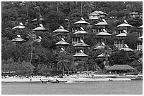 Beach and hillside bungalows on stilts, Ko Phi-Phi island. Krabi Province, Thailand ( black and white)