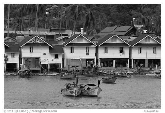 Boats and waterfront houses, Tonsai Village, Phi-Phi island. Krabi Province, Thailand (black and white)