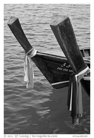Ribons on prow of two longtail boats, Ko Phi-Phi Don. Krabi Province, Thailand (black and white)