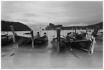 Long tail boats and bay, Ao Lo Dalam, Ko Phi-Phi island. Krabi Province, Thailand (black and white)