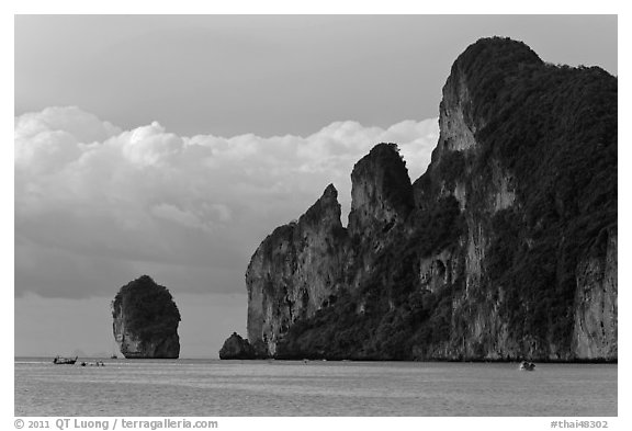 Cliffs and clouds, Lo Dalam bay, Ko Phi-Phi island. Krabi Province, Thailand (black and white)