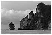 Cliffs and clouds, Lo Dalam bay, Ko Phi-Phi island. Krabi Province, Thailand (black and white)