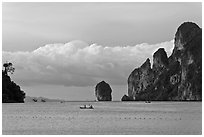 Distant boats and cliffs, Lo Dalam bay, Ko Phi-Phi Don. Krabi Province, Thailand (black and white)