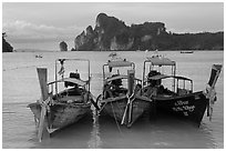 Boats, bay, and cliffs,  Ao Lo Dalam, Ko Phi-Phi island. Krabi Province, Thailand (black and white)