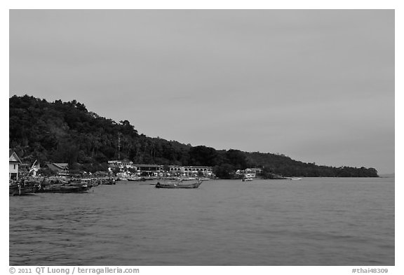 Shoreline and hills at dusk, Phi-Phi island. Krabi Province, Thailand