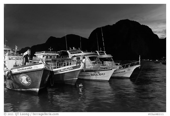 Fishing and tour boats at night, Ko Phi-Phi Don. Krabi Province, Thailand (black and white)