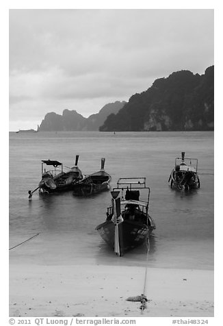 Beach and longtail boats in rainy weather, Ao Ton Sai, Ko Phi Phi. Krabi Province, Thailand (black and white)