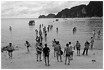 Beach with tourists arriving, Phi-Phi island. Krabi Province, Thailand ( black and white)