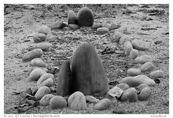 Grave marked with just stones, Ko Phi Phi. Krabi Province, Thailand (black and white)