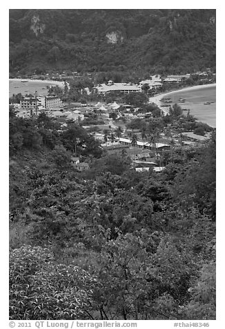 Tonsai village from above, Ko Phi Phi. Krabi Province, Thailand (black and white)