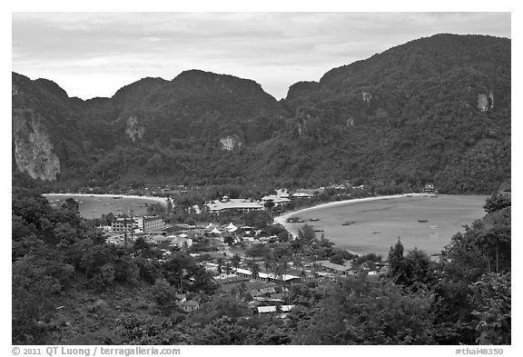 Twin bays and craggy hills, Ko Phi-Phi island. Krabi Province, Thailand (black and white)