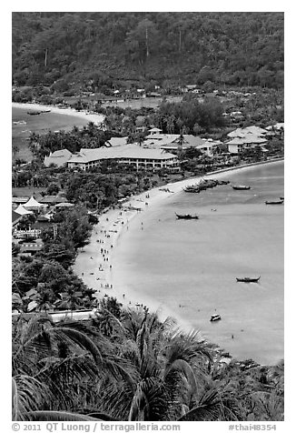 Lo Dalam beach and Tonsai village from above, Phi-Phi island. Krabi Province, Thailand (black and white)