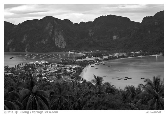 Tonsai village, bays, and hill at dusk from above, Ko Phi Phi. Krabi Province, Thailand