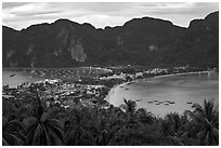 Tonsai village, bays, and hill at dusk from above, Ko Phi Phi. Krabi Province, Thailand (black and white)