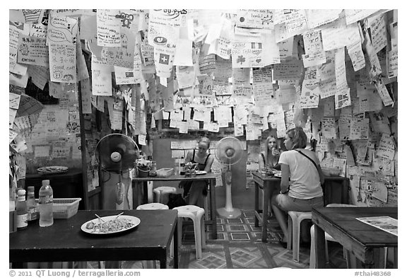 Pad Thai restaurant festoned with customer notes, Phi-Phi island. Krabi Province, Thailand (black and white)