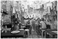 Pad Thai restaurant festoned with customer notes, Phi-Phi island. Krabi Province, Thailand (black and white)