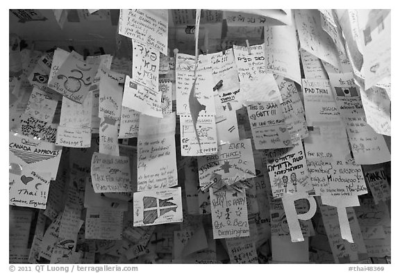 Notes left by customers from all around the world, Ko Phi-Phi island. Krabi Province, Thailand (black and white)