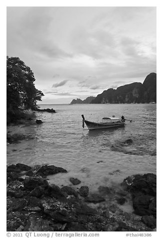 Boat in cove, Ko Phi-Phi island. Krabi Province, Thailand (black and white)