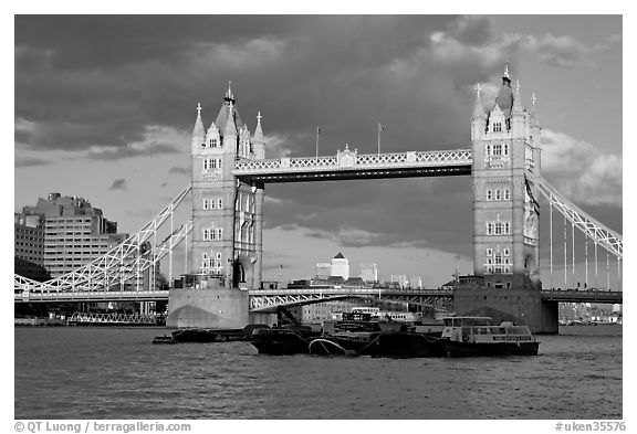 Barges and Tower Bridge. London, England, United Kingdom (black and white)