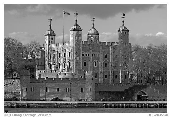 Tower of London, with a view of the water gate called Traitors Gate. London, England, United Kingdom (black and white)