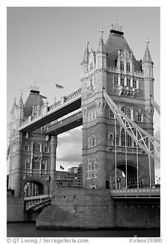 Close view of the two towers of the Tower Bridge. London, England, United Kingdom