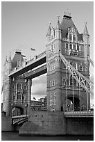 Close view of the two towers of the Tower Bridge. London, England, United Kingdom (black and white)