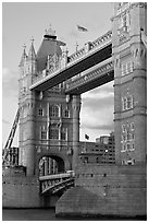 Close view of the Tower Bridge, a landmark 1876 bascule bridge. London, England, United Kingdom (black and white)