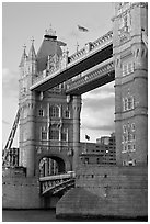 Close view of the Tower Bridge, a landmark 1876 bascule bridge. London, England, United Kingdom ( black and white)