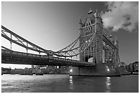 Wide view of Tower Bridge, a landmark 1876 bascule bridge. London, England, United Kingdom (black and white)