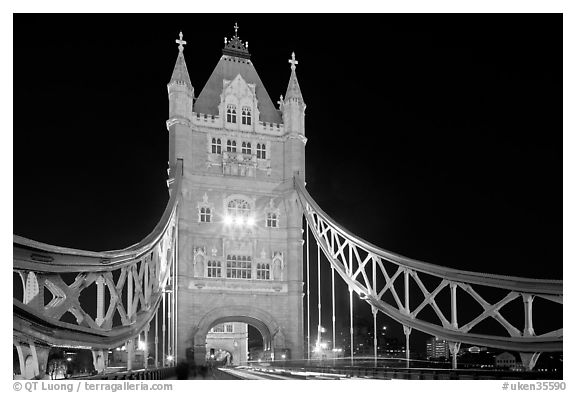 North Tower of the Tower Bridge at night. London, England, United Kingdom (black and white)