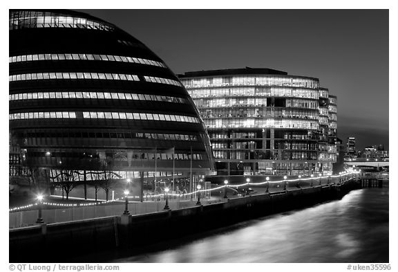 City Hall, designed by Norman Foster,  at night. London, England, United Kingdom (black and white)