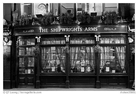 Pub The Shipwrights Arms at night. London, England, United Kingdom (black and white)