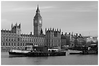 Boats and Houses of Parliament, early morning. London, England, United Kingdom (black and white)