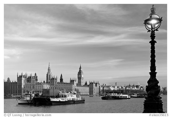 Lamp, Thames River, and Westminster Palace. London, England, United Kingdom (black and white)