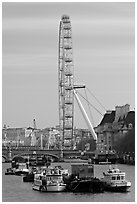 Boats, Thames River, and London Eye. London, England, United Kingdom ( black and white)