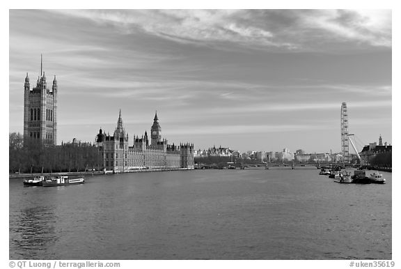 London Skyline with Westminster Palace, Westminster Bridge, and Millennium Wheel. London, England, United Kingdom