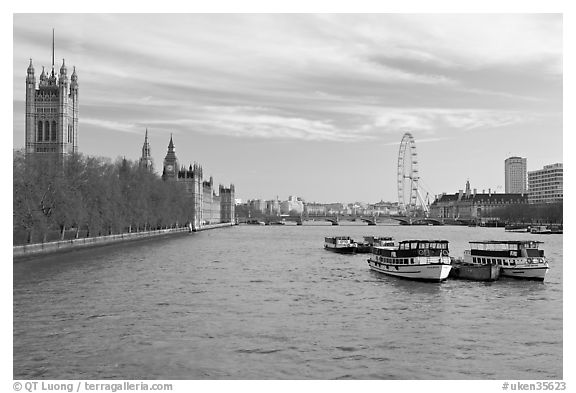 Skyline with Victoria Tower, Westminster Palace, Thames River and London Eye. London, England, United Kingdom (black and white)