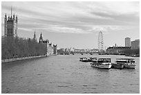 Skyline with Victoria Tower, Westminster Palace, Thames River and London Eye. London, England, United Kingdom ( black and white)