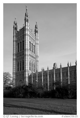 Victoria Tower seen from the Victoria Tower Gardens. London, England, United Kingdom (black and white)