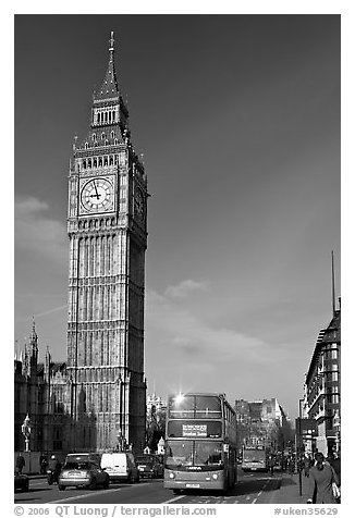 Double decker bus on Westminster Bridge  and Big Ben. London, England, United Kingdom (black and white)