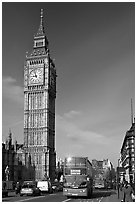 Double decker bus on Westminster Bridge  and Big Ben. London, England, United Kingdom ( black and white)