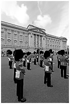 Guards and Buckingham Palace, the changing of the Guard. London, England, United Kingdom ( black and white)