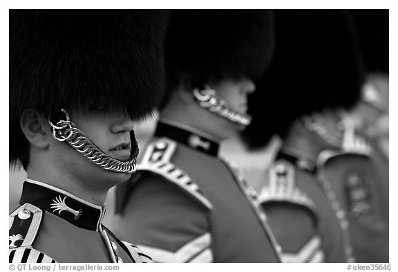 Close up of guards in ceremonial dress. London, England, United Kingdom (black and white)