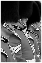 Guards with tall bearskin hat and red tunic standing in a row. London, England, United Kingdom (black and white)